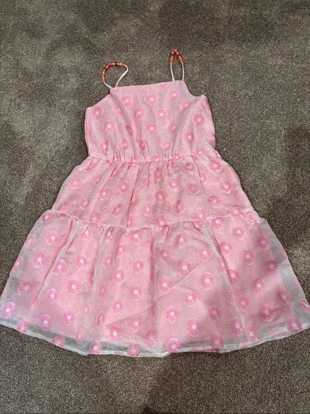 Blueberi Boulevard Pink Floral Tiered Sundress with Beaded Straps